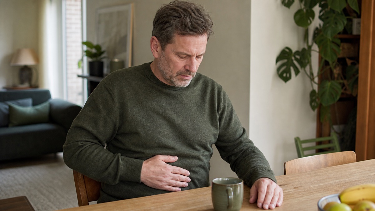 A man at home resting his hand over a localised area of abdominal pain